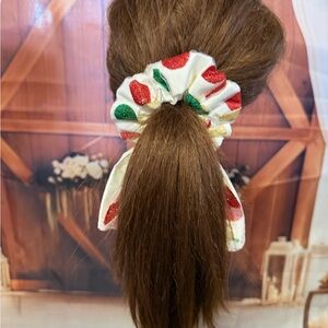 Handmade White Scrunchie with Red & Green Floral Print